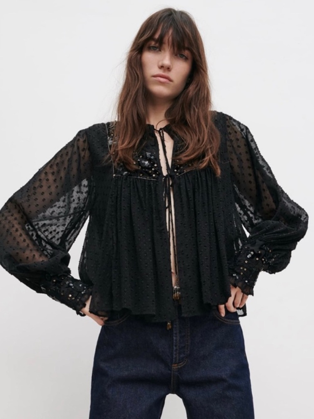 Zara Black Sheer Blouse With Embroidery Sequins Size S